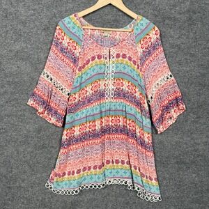 One World Size XL Top Boho Pink Blue Crinkle Mosaic Floral Bell Sleeve Beach